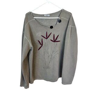 Vtg Womens Pullover Sweatshirt Pigment Dyed Floral Large V Neck Art to Wear Tan